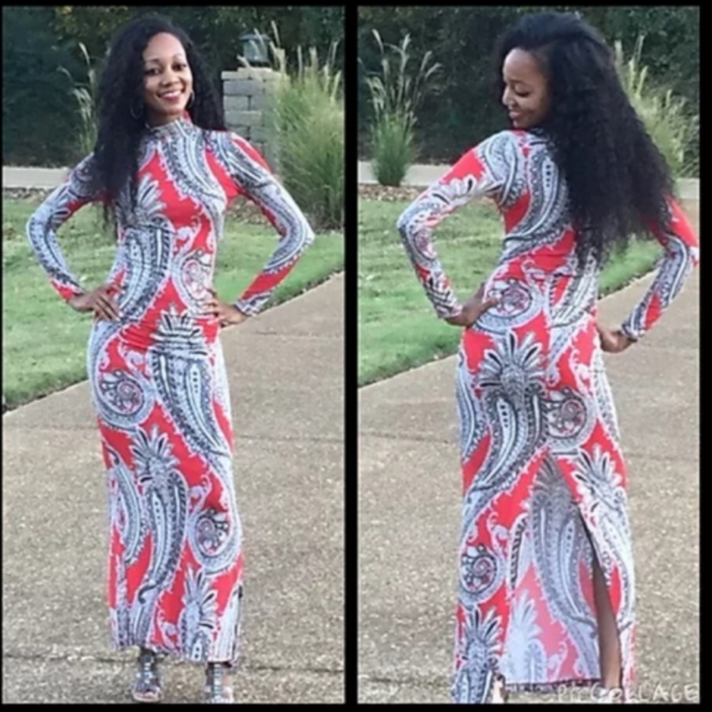 Good Times USA Vintage Paisley Maxi Dress Red Black White Mock Neck Long Sleeve